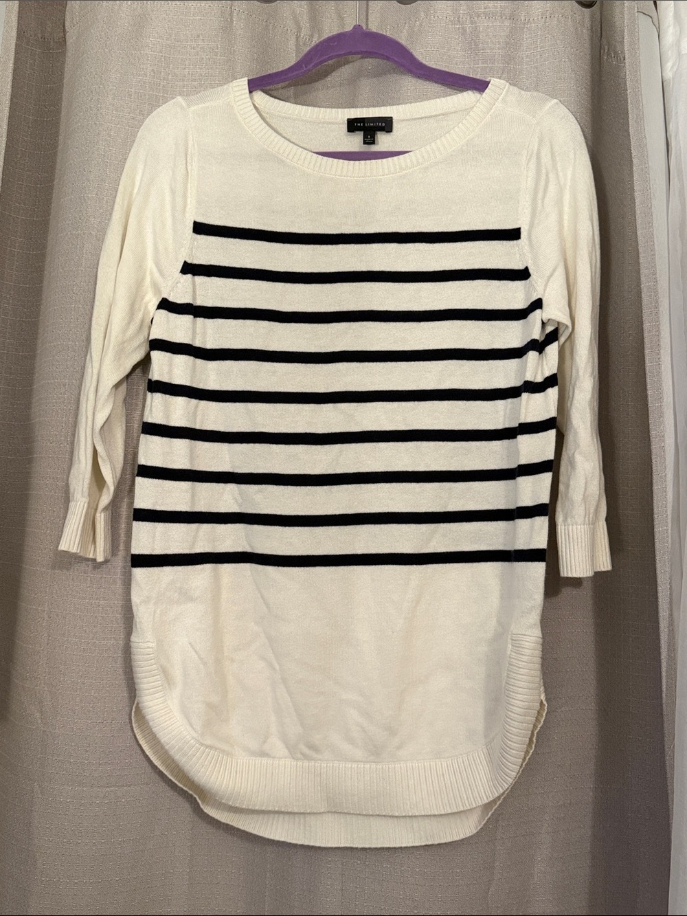 The Limited White Crewneck Sweater with Black Stripes